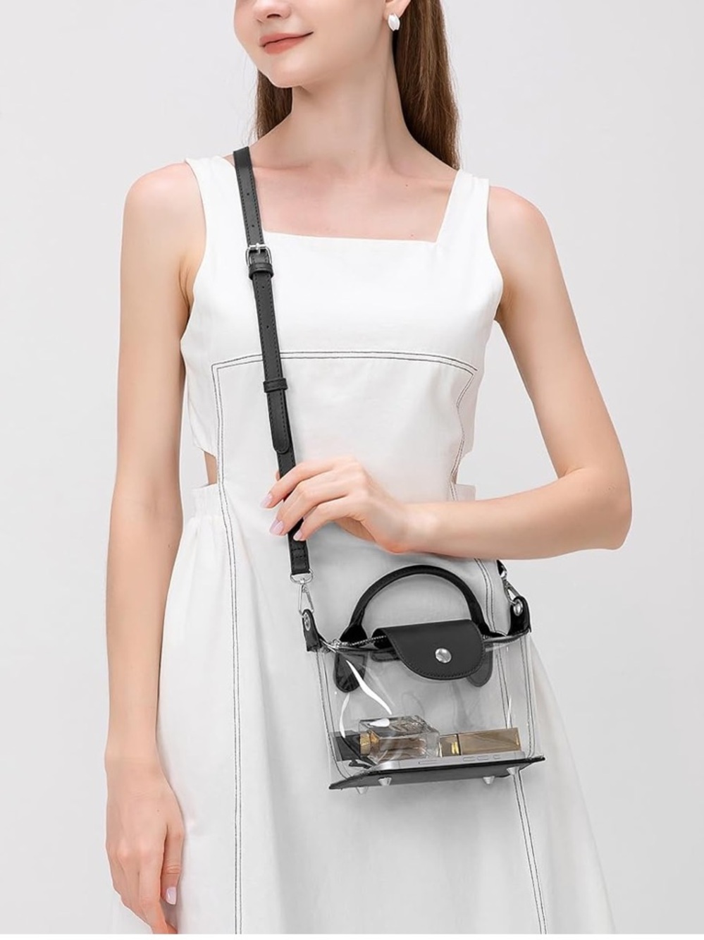 NEW Clear PVC Transparent Two-Way Tote Bag w/ Black Accents Crossbody Stadium